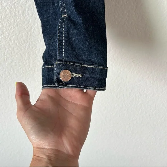 Vanity Dark Blue Distressed Denim Cropped Button Up Small Jean Jacket for Women - Picture 6 of 10